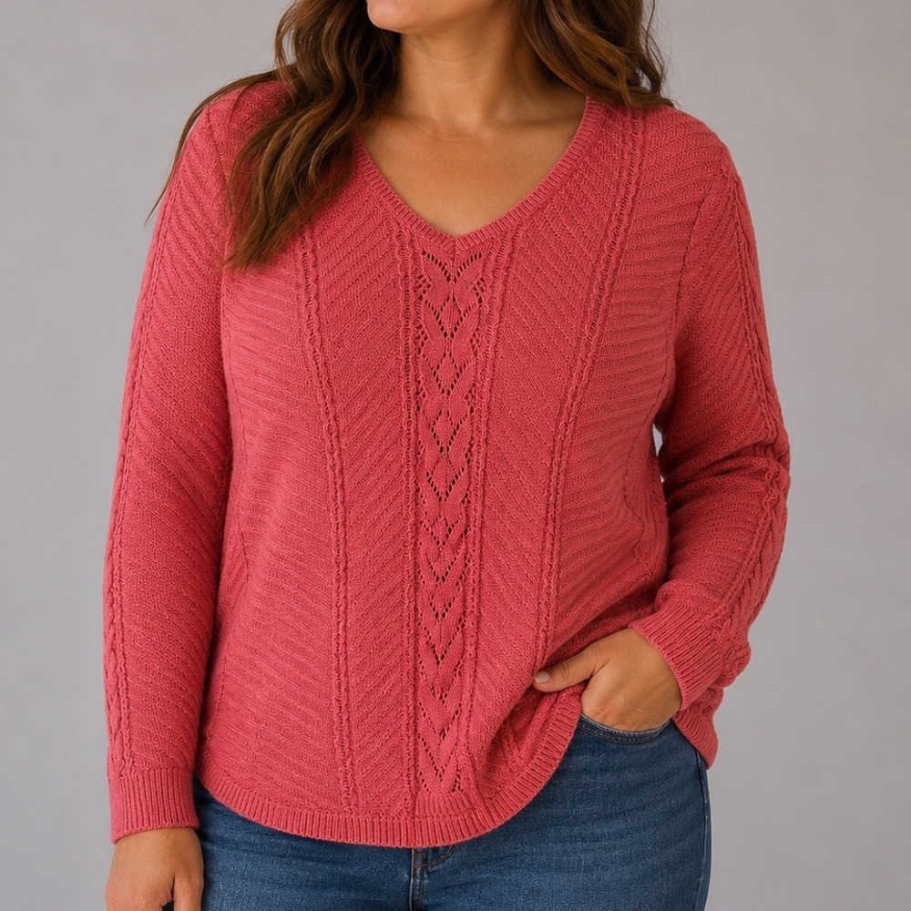 Sonoma Women's Large Cable Knit Sweater Dusty Rose Cotton Blend Cottagecore Cozy